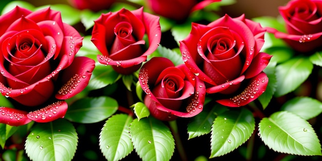 Belo fundo de rosas vermelhas com folhas verdes com gotas de orvalho Generative AI