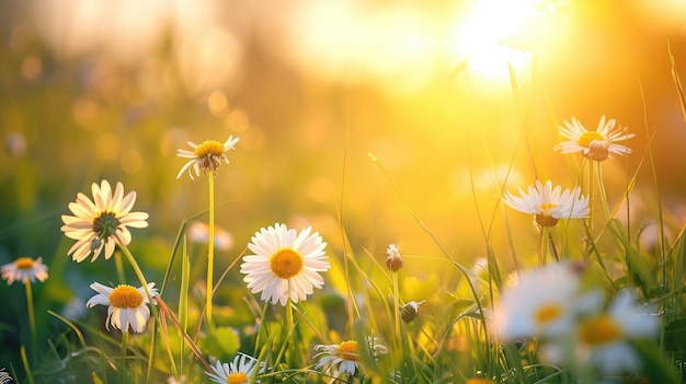 Belo fundo natural de verão com flores brancas amarelas, margaridas, trevos e dentes-de-leão na grama contra o amanhecer