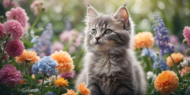 belo gatinho de gato cercado por flores frescas ao ar livre