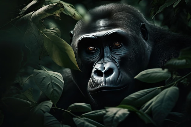 Belo gorila espiando por entre as folhas na floresta tropical Generative AI