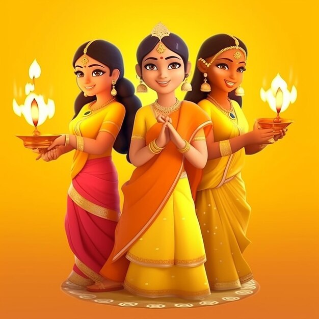 belo grupo de mulheres em sari segurando lâmpada de óleo Diwali ilustração vetorial de desenho animado