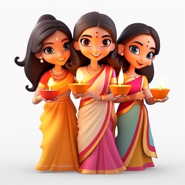 belo grupo de mulheres em sari segurando lâmpada de óleo Diwali ilustração vetorial de desenho animado