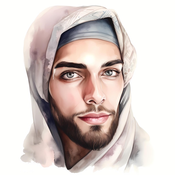 Belo homem árabe muçulmano retrato aquarela Clipart