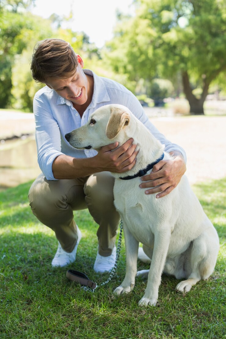 Foto belo homem sorridente com seu labrador no parque