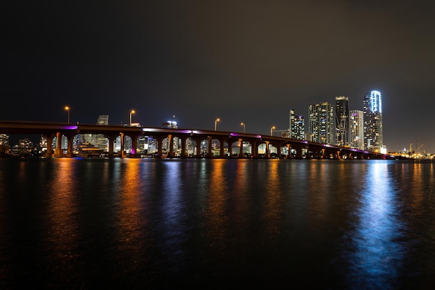 Belo horizonte de Miami Florida com luzes e baía ao pôr do sol