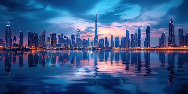 Belo horizonte iluminado de Dubai à noite com reflexo na água nos Emirados Árabes Unidos