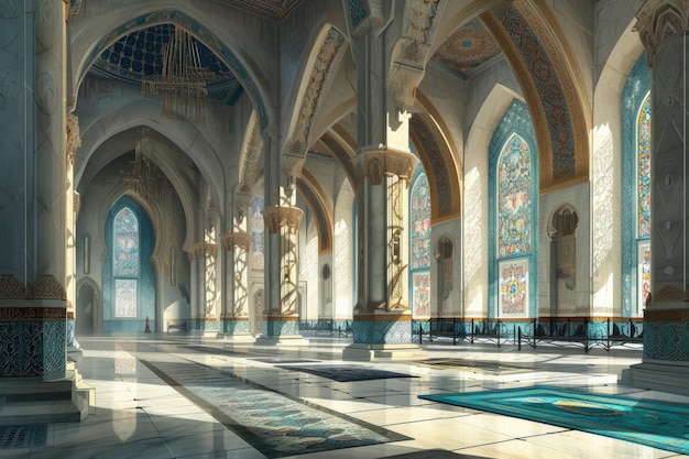 Belo interior de mesquita de estilo islâmico com grandes janelas e luz refletida brilhando na rua
