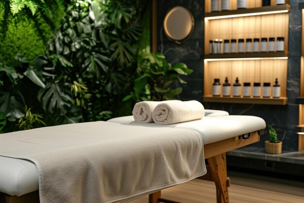 Belo interior do novo spa mesa de massagem de relaxamento na sala de massagem no salão de beleza ai geração