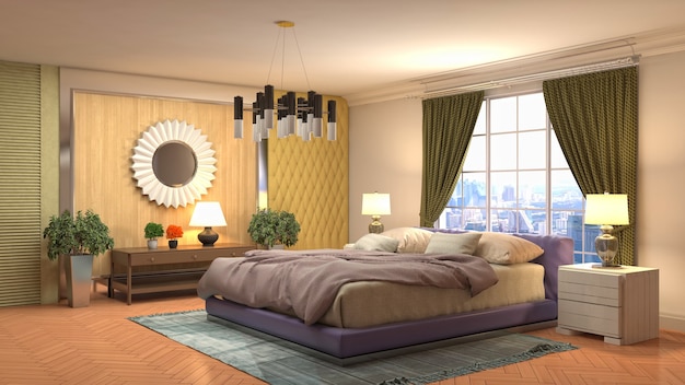 Belo interior do quarto em ilustração de renderização 3D