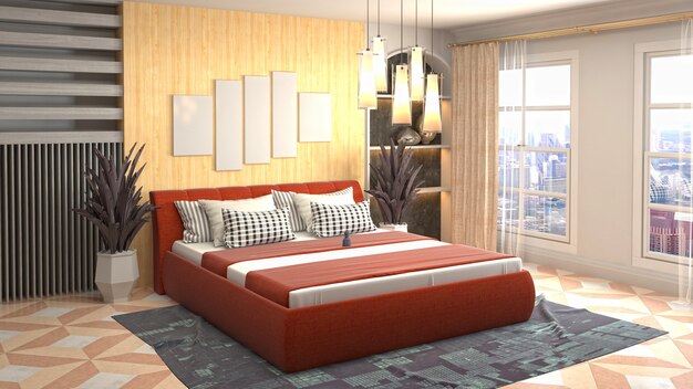 Belo interior do quarto em ilustração de renderização 3D