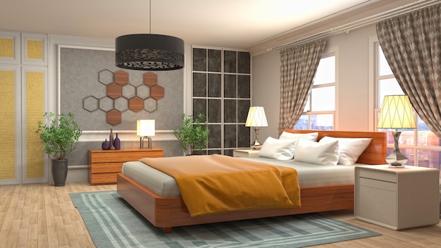 Belo interior do quarto em ilustração de renderização 3D