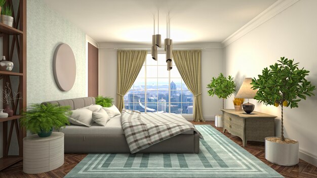 Belo interior do quarto em ilustração de renderização 3D