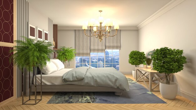 Belo interior do quarto em ilustração de renderização 3D