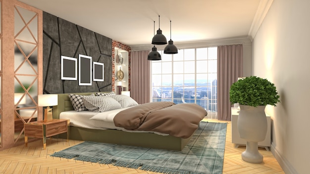 Belo interior do quarto em ilustração de renderização 3D