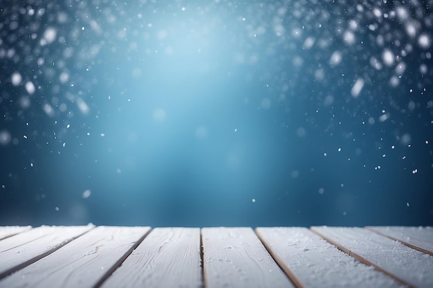 Belo inverno nevado desfocado fundo azul e chão de madeira vazio flocos de neve caem e brilham no espaço de cópia leve