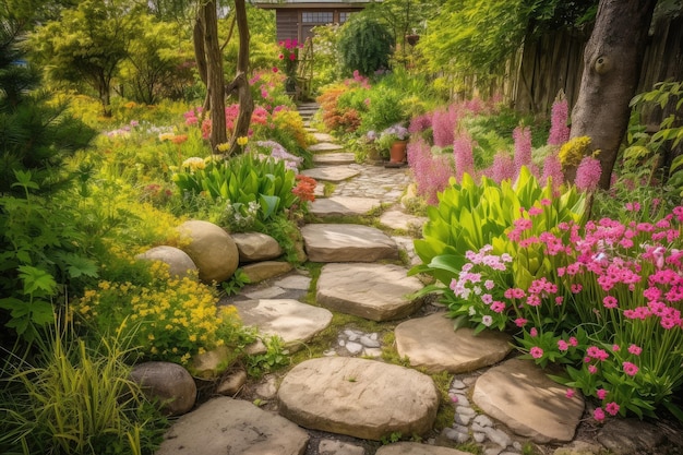 Belo jardim com caminhos de pedra e trampolins rodeados de flores