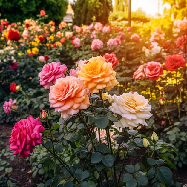 Belo jardim de rosas colorido florescente com diferentes tipos de rosas