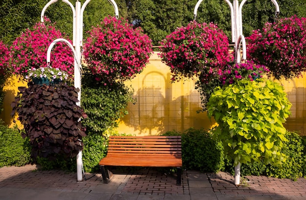 Belo jardim ou parque com muitas flores e bancos