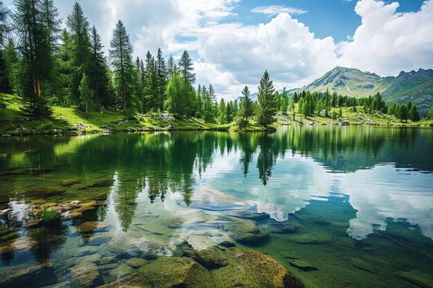 Belo lago alpino com águas claras e floresta verde na Suíça