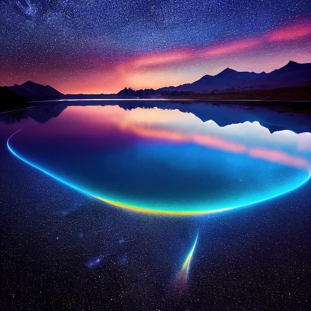 Foto belo lago antigo à noite com galáxias brilhantes refletindo na água