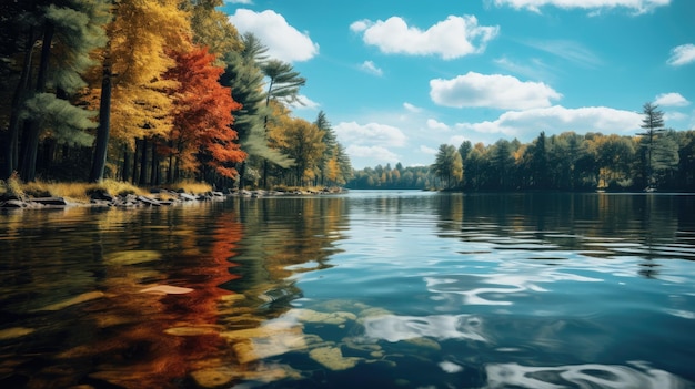 Belo lago com árvores e céu azul