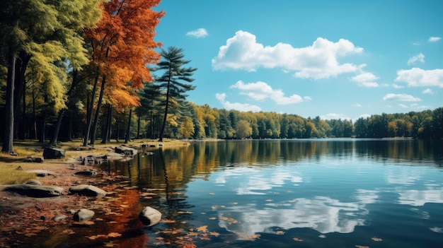 Belo lago com árvores e céu azul