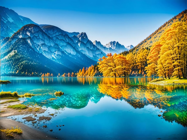 Belo lago de cena de outono Vista matinal colorida gerada por ai