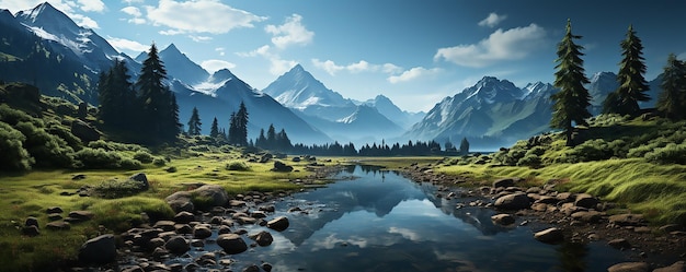 Belo lago de montanha cercado por árvores e montanhas em paisagens de verão natureza outono