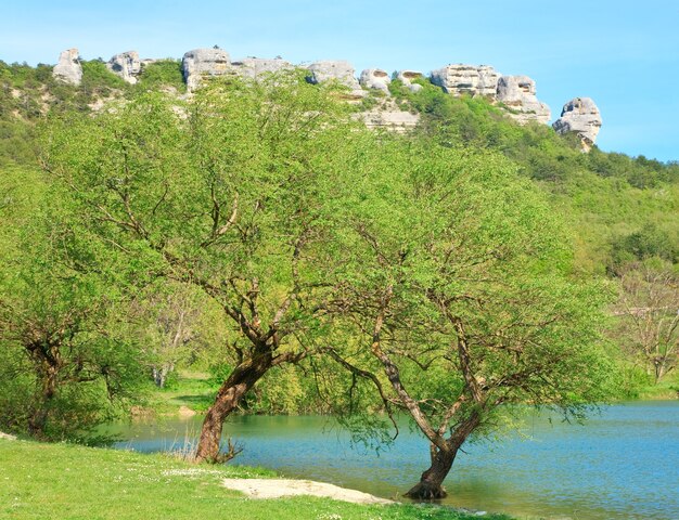 Belo lago e montanha de rochas de primavera atrás (Crimeia, Ucrânia)