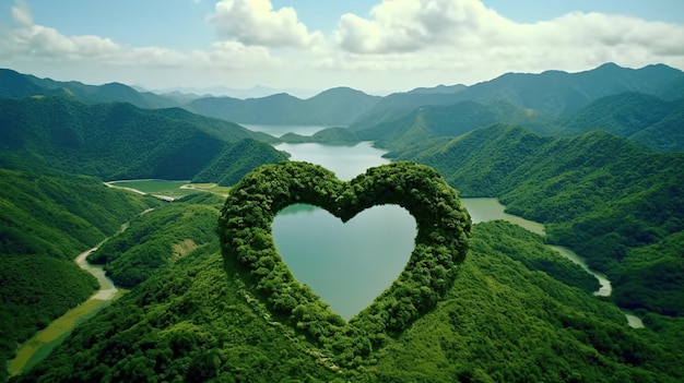 Foto belo lago em forma de coração e floresta