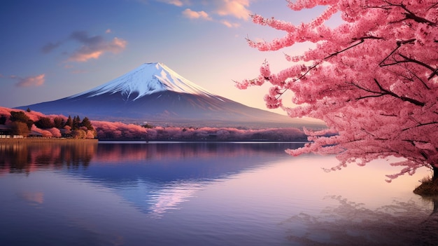 belo lago paisagístico com árvores do Monte Fuji e Sakura pela manhã