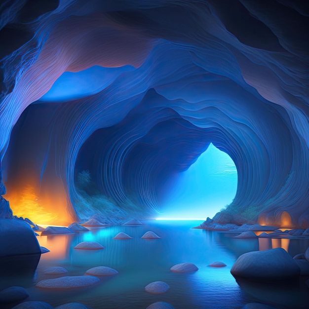 Belo lago subterrâneo azul dentro da caverna ilustração 3D