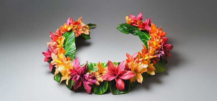 Foto belo lei floral tropical feito de lírios vibrantes e folhagem verde para celebrações