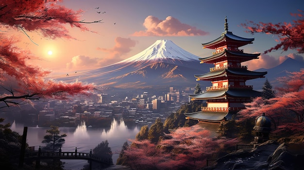 Belo marco da montanha fuji e do pagode chureito ao pôr do sol no Japão Generative Ai