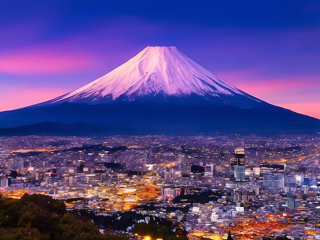 belo monte Fuji e uma cidade à noite