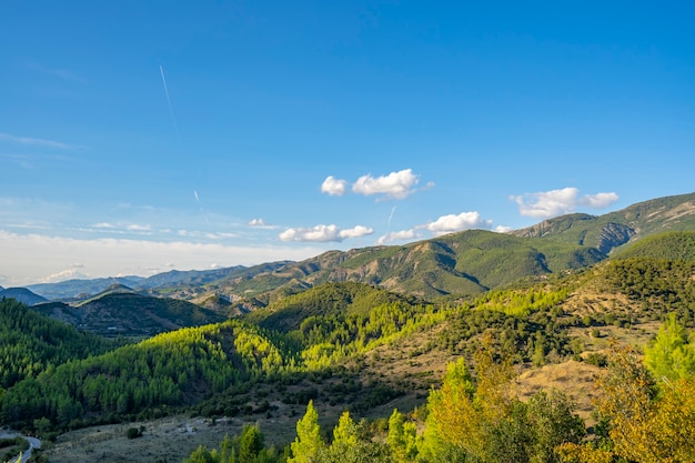 Belo nascer do sol na floresta selvagem, montanhas no verão