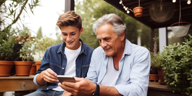 Belo neto adolescente ensinando o vovô a usar o smartphone