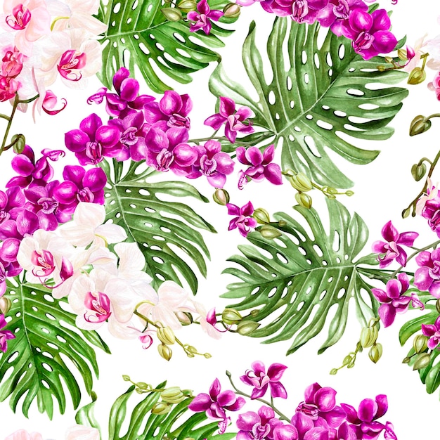 Belo padrão de aquarela com ilustração de flores de orquídea