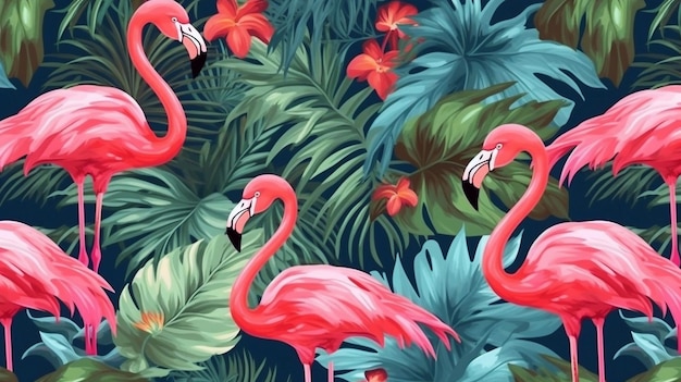 Belo padrão floral de verão sem costuras com folhas de palmeira tropical flamingo