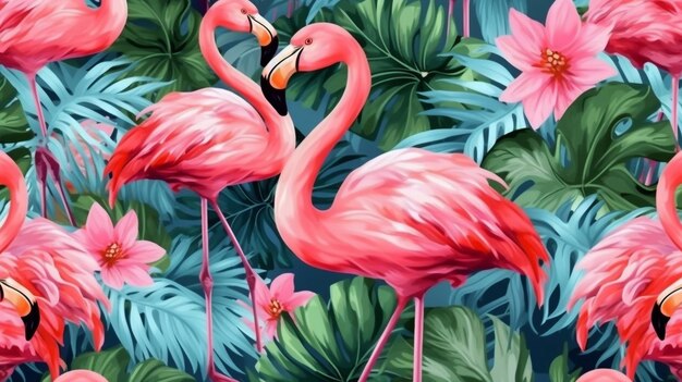 Belo padrão floral de verão sem costuras com folhas de palmeira tropical flamingo