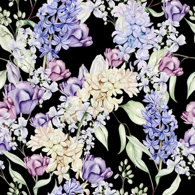 Belo padrão sem emenda de aquarela com diferentes flores de tulipas jacinto violeta ilustração