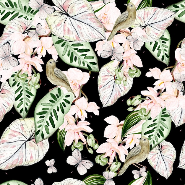 Belo padrão sem emenda em aquarela com folhas tropicais, flores de orquídeas, pássaros e borboletas. Ilustração