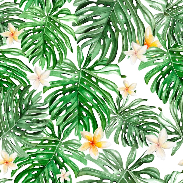 Belo padrão tropical aquarela com flores e folhas tropicais llustration