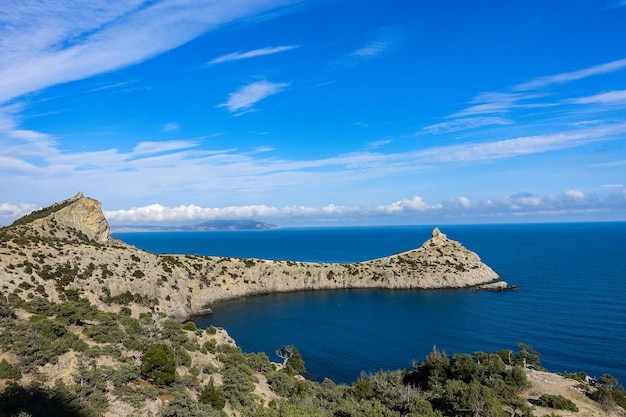 Belo panorama da paisagem marinha do cabo Kapchik até a Trilha Galitsin e a baía azul do Mar Negro Sudak Rússia