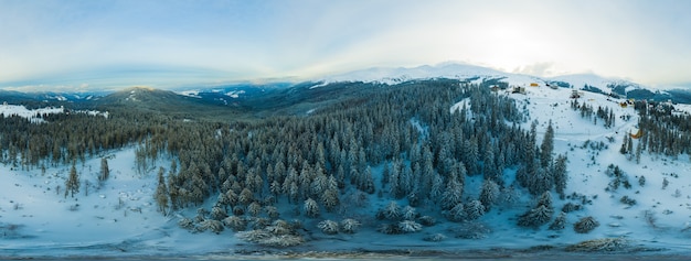 Belo panorama fascinante de montanhas e colinas cobertas por pinheiros em um dia nublado de inverno