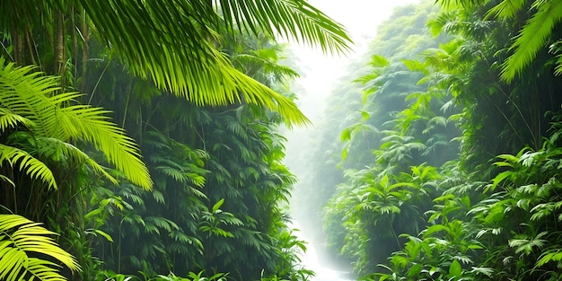 Belo papel de parede com uma paisagem tropical selva com palmeiras fluviais e outras plantas verdes selvagens ilustração da floresta tropical fundo com natureza intocada