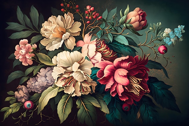 Belo papel de parede vintage de fantasia buquê de flores botânicas Generative AI