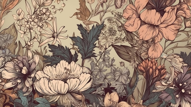 Belo papel de parede vintage de fantasia diferente motivo vintage de bando de flores botânicas para fundo digital de impressão floral Generative AI