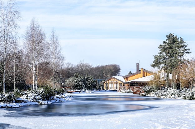 Foto belo parque com lago no dia de inverno