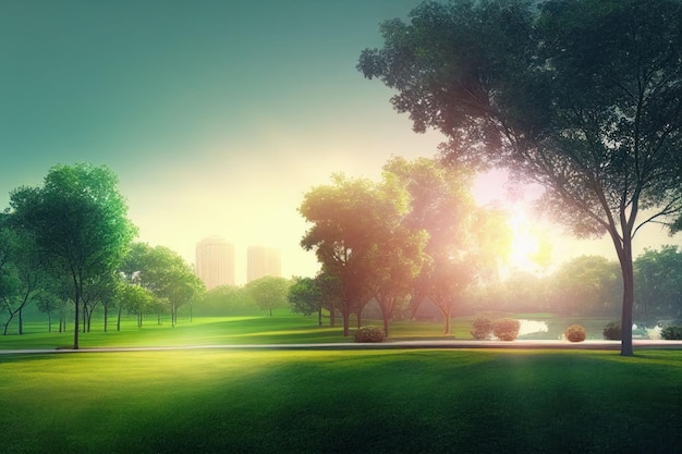 Belo parque público com campo de grama verde na luz da manhã Criado com tecnologia Generative AI
